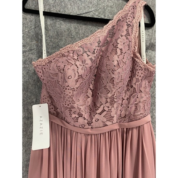 Azazie Demi One Shoulder Dress Lace Bodice Formal Gown Bridesmaid Mauve Size A10 - Picture 10 of 11